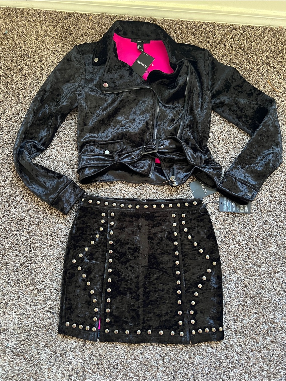 NWT Vintage Forever 21 Velvet Studded Moto Jacket & Mini Skirt Set
